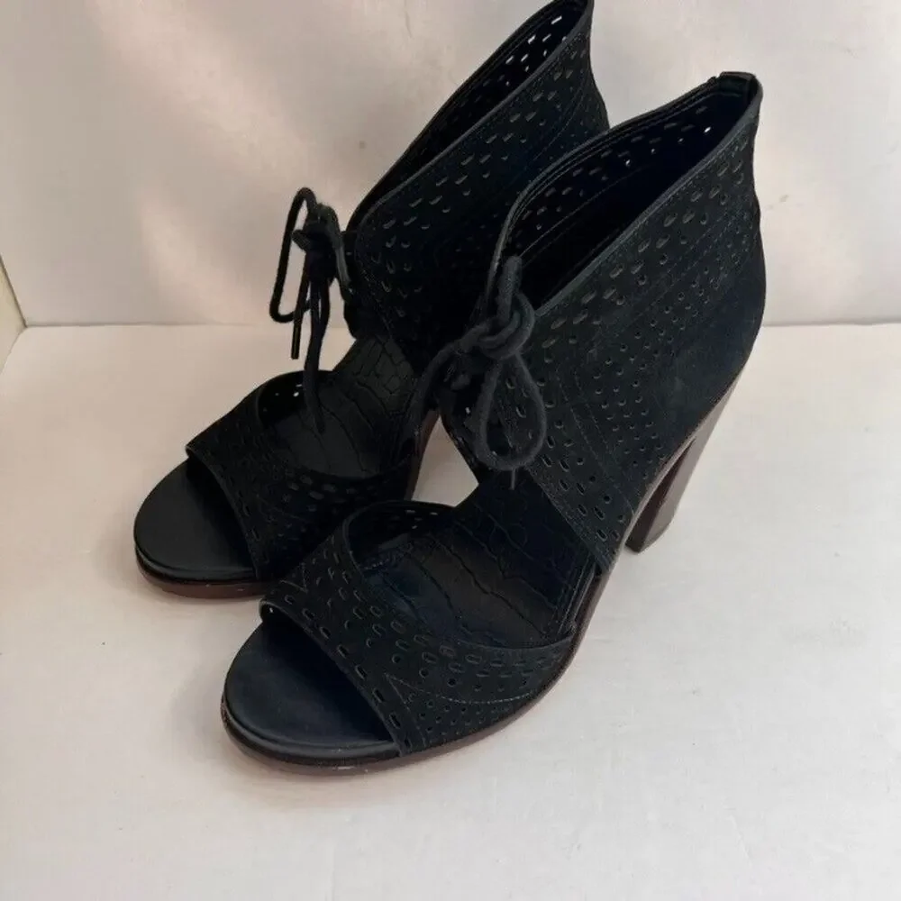Gianni Bini Sandals Womens 8M Black Gypsy Block Heel Peep Toe Lace Up Perforated